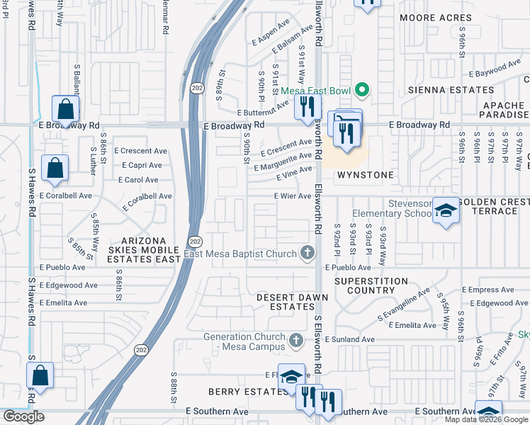 map of restaurants, bars, coffee shops, grocery stores, and more near Mobile Home Park in Mesa