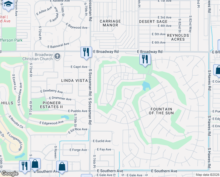 map of restaurants, bars, coffee shops, grocery stores, and more near 7716 East Columbine Way in Mesa