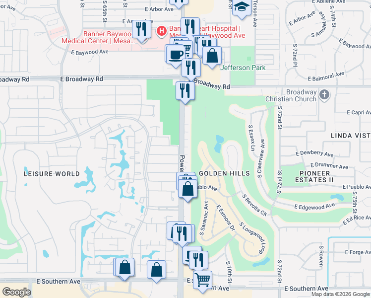 map of restaurants, bars, coffee shops, grocery stores, and more near 625 South Power Road in Mesa