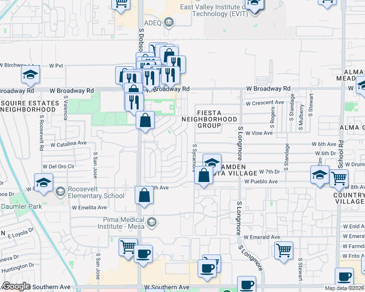 map of restaurants, bars, coffee shops, grocery stores, and more near 701 South Dobson Road in Mesa
