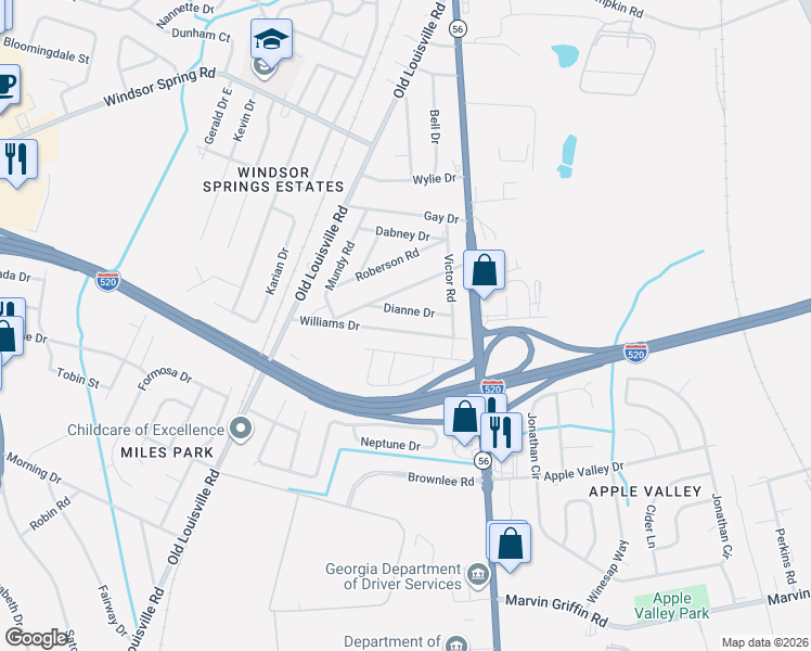 map of restaurants, bars, coffee shops, grocery stores, and more near 1925 Williams Drive in Augusta