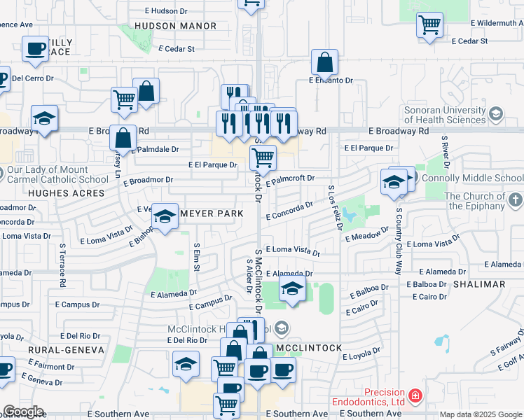 map of restaurants, bars, coffee shops, grocery stores, and more near 2340 South McClintock Drive in Tempe