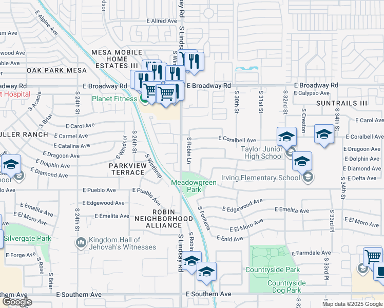 map of restaurants, bars, coffee shops, grocery stores, and more near 656 South Robin Lane in Mesa