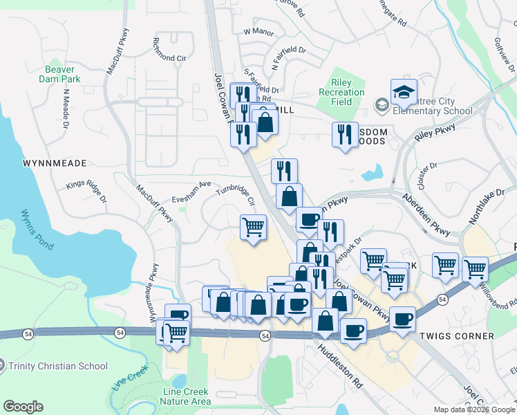 map of restaurants, bars, coffee shops, grocery stores, and more near 242 Turnbridge Circle in Peachtree City