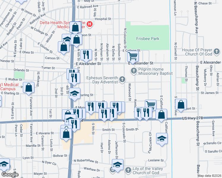 map of restaurants, bars, coffee shops, grocery stores, and more near 325 South Delta Street in Greenville