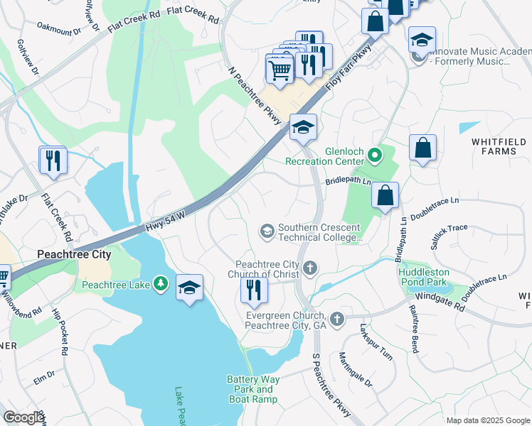 map of restaurants, bars, coffee shops, grocery stores, and more near 206 Beacon Tree Way in Peachtree City