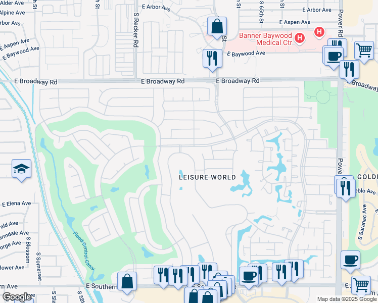 map of restaurants, bars, coffee shops, grocery stores, and more near 1260 Leisure World in Mesa