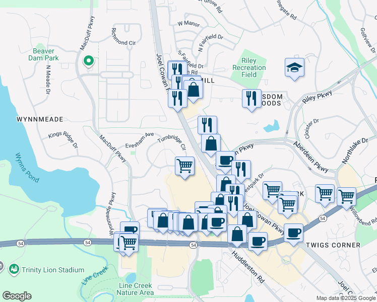 map of restaurants, bars, coffee shops, grocery stores, and more near 240 Turnbridge Circle in Peachtree City