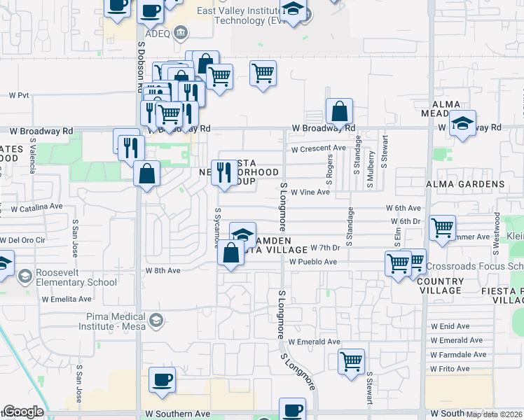 map of restaurants, bars, coffee shops, grocery stores, and more near 1643 West 6th Avenue in Mesa