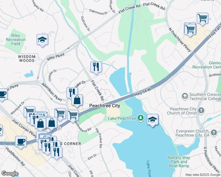 map of restaurants, bars, coffee shops, grocery stores, and more near 307 Ridgelake Drive in Peachtree City