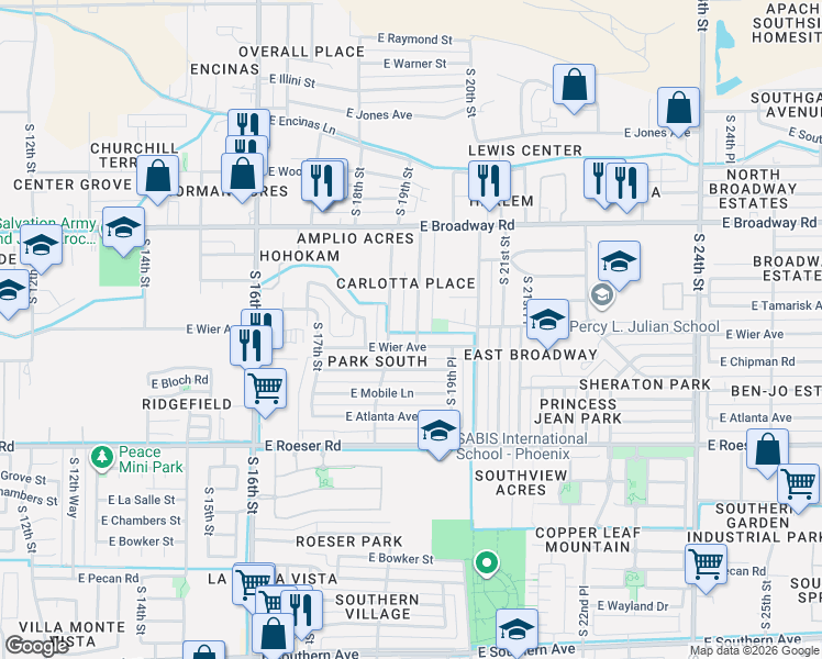 map of restaurants, bars, coffee shops, grocery stores, and more near 4540 South 19th Street in Phoenix