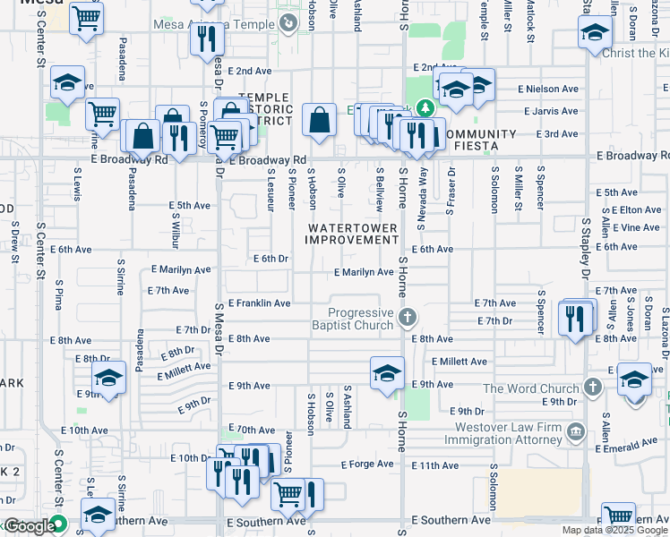 map of restaurants, bars, coffee shops, grocery stores, and more near 634 East Marilyn Avenue in Mesa