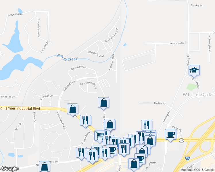 map of restaurants, bars, coffee shops, grocery stores, and more near 410 Rosewood Lane in Newnan