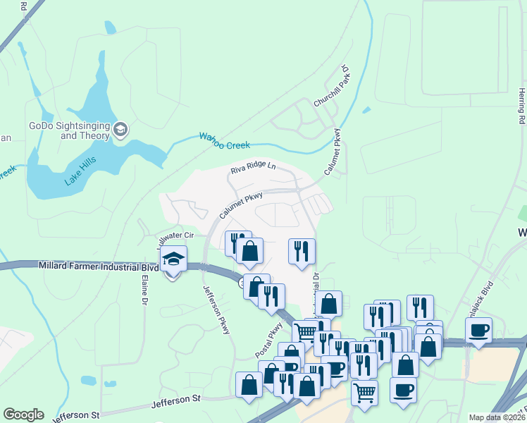 map of restaurants, bars, coffee shops, grocery stores, and more near 2602 Commonwealth Circle in Newnan