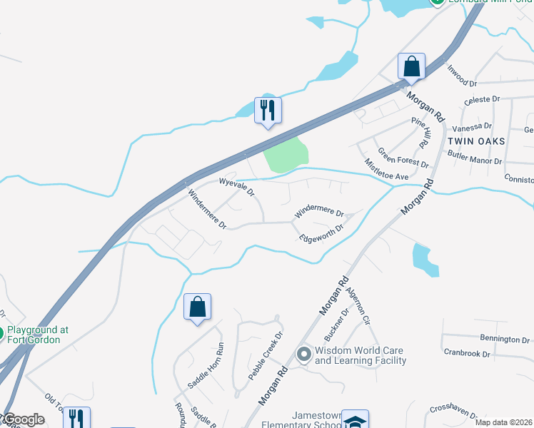 map of restaurants, bars, coffee shops, grocery stores, and more near 3503 Wyevale Drive in Hephzibah