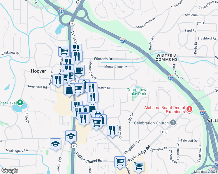 map of restaurants, bars, coffee shops, grocery stores, and more near 2839 Georgetown Drive in Birmingham