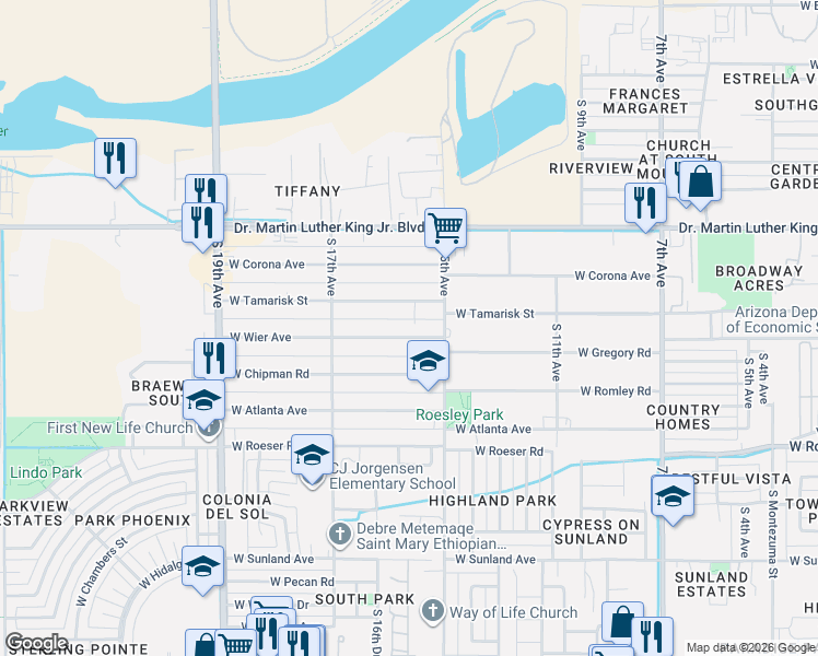 map of restaurants, bars, coffee shops, grocery stores, and more near 1532 West Wier Avenue in Phoenix