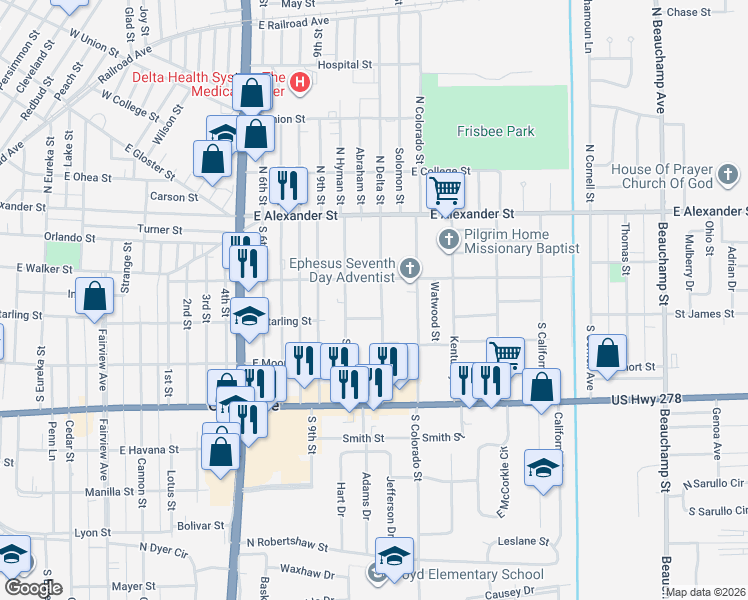 map of restaurants, bars, coffee shops, grocery stores, and more near 325 South Delta Street in Greenville