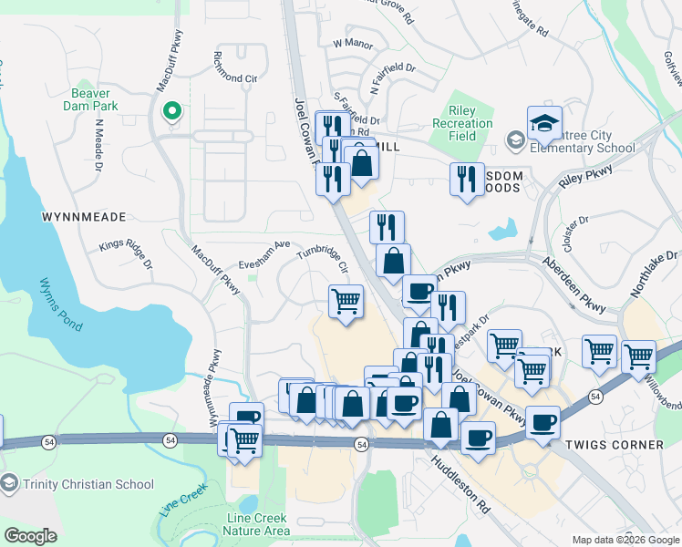 map of restaurants, bars, coffee shops, grocery stores, and more near 242 Turnbridge Circle in Peachtree City