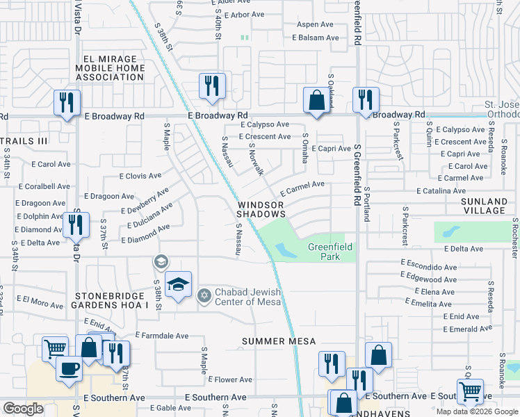 map of restaurants, bars, coffee shops, grocery stores, and more near 4025 East Carmel Circle in Mesa
