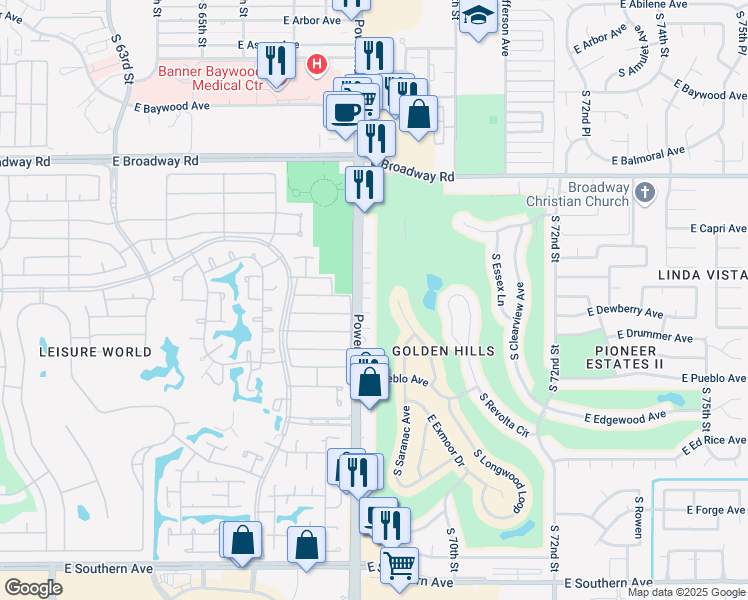 map of restaurants, bars, coffee shops, grocery stores, and more near 625 South Power Road in Mesa