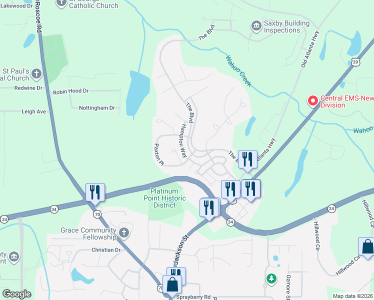 map of restaurants, bars, coffee shops, grocery stores, and more near 170 The Boulevard in Newnan