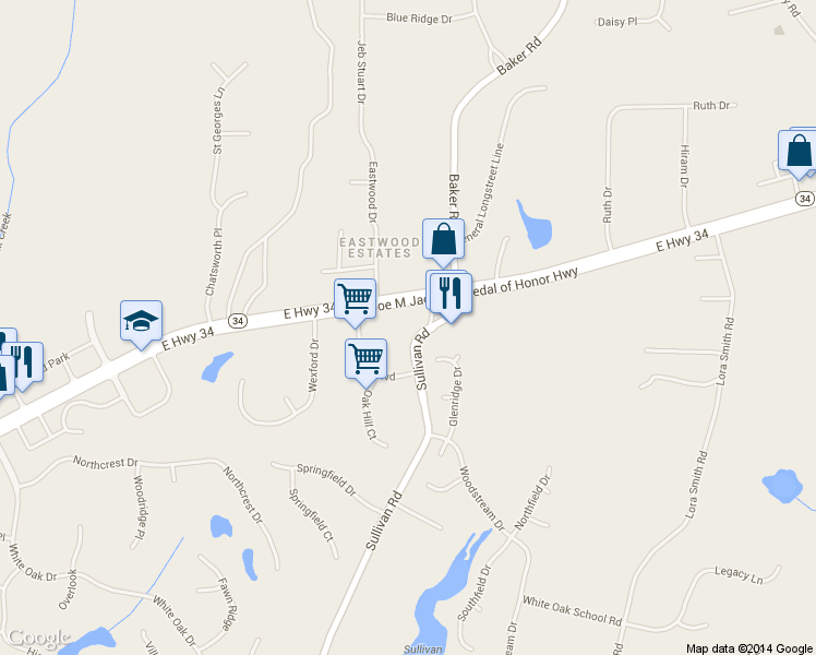 map of restaurants, bars, coffee shops, grocery stores, and more near 1018 Sullivan Road in Newnan