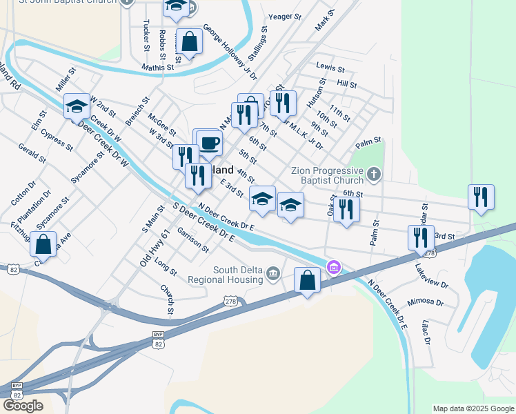 map of restaurants, bars, coffee shops, grocery stores, and more near 404 East 3rd Street in Leland