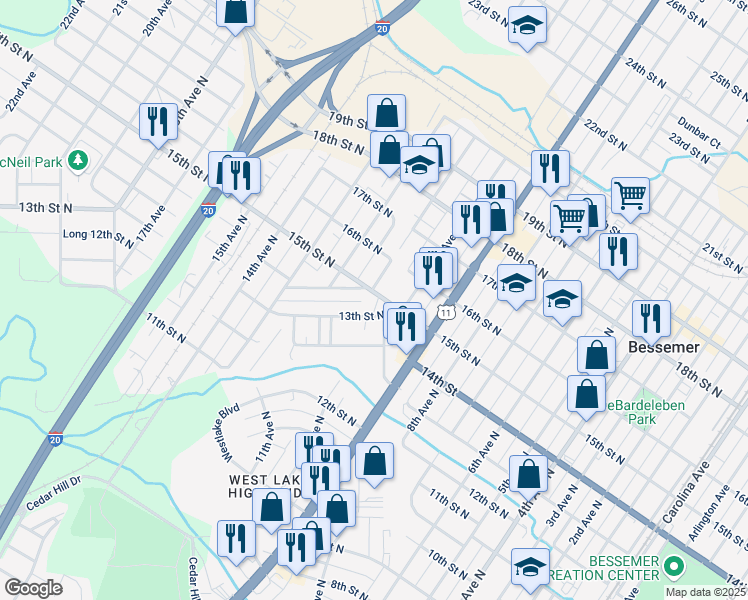 map of restaurants, bars, coffee shops, grocery stores, and more near 1026 15th Street North in Bessemer