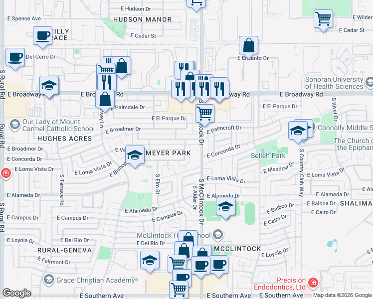 map of restaurants, bars, coffee shops, grocery stores, and more near 2313 South Butte Avenue in Tempe