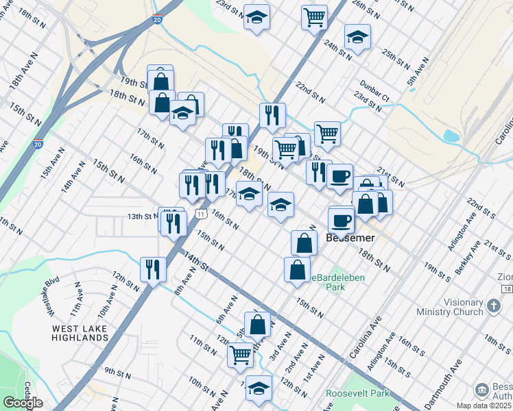 map of restaurants, bars, coffee shops, grocery stores, and more near 711 17th Street North in Bessemer