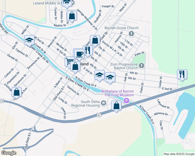 map of restaurants, bars, coffee shops, grocery stores, and more near 402 East 3rd Street in Leland