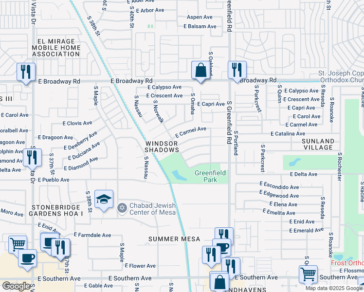 map of restaurants, bars, coffee shops, grocery stores, and more near 4107 East Catalina Avenue in Mesa