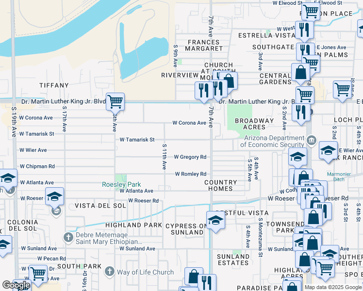 map of restaurants, bars, coffee shops, grocery stores, and more near 915 West Tamarisk Street in Phoenix