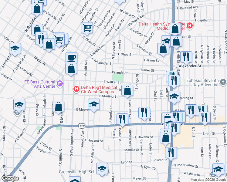 map of restaurants, bars, coffee shops, grocery stores, and more near 419 Inez Street in Greenville