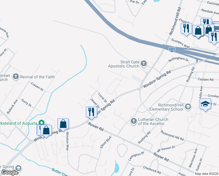 map of restaurants, bars, coffee shops, grocery stores, and more near 2327 Rutherford Avenue in Augusta
