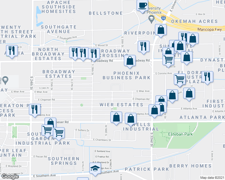 map of restaurants, bars, coffee shops, grocery stores, and more near 4753 South 29th Street in Phoenix