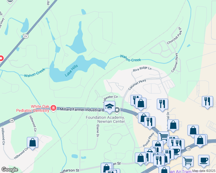 map of restaurants, bars, coffee shops, grocery stores, and more near 319 Lullwater Circle in Newnan