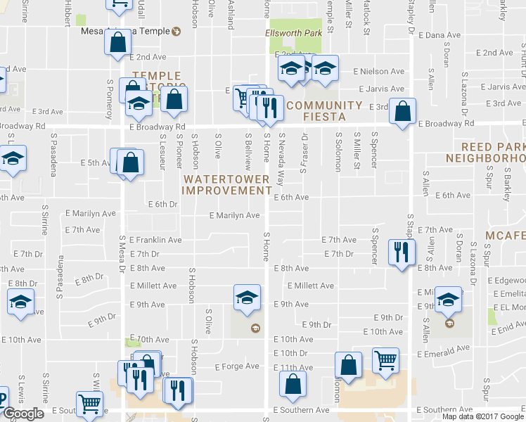 map of restaurants, bars, coffee shops, grocery stores, and more near 758 East Marilyn Avenue in Mesa