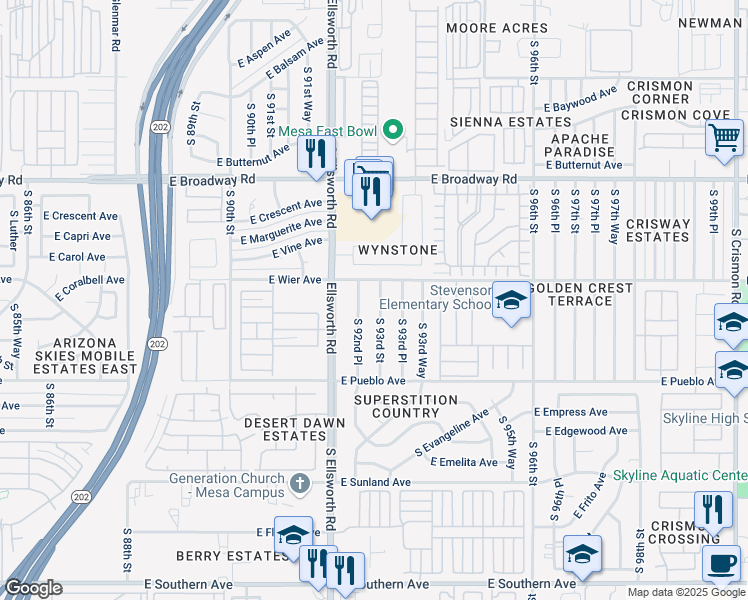 map of restaurants, bars, coffee shops, grocery stores, and more near 619 South 92nd Place in Mesa