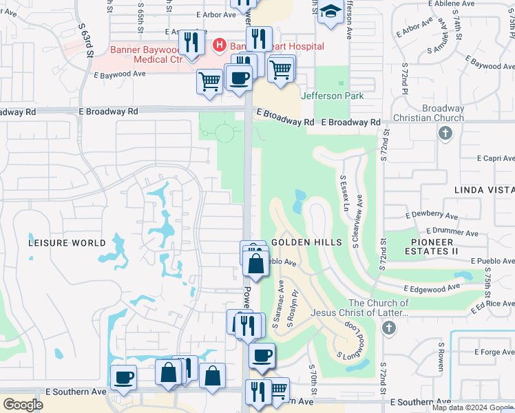 map of restaurants, bars, coffee shops, grocery stores, and more near 625 South Power Road in Mesa