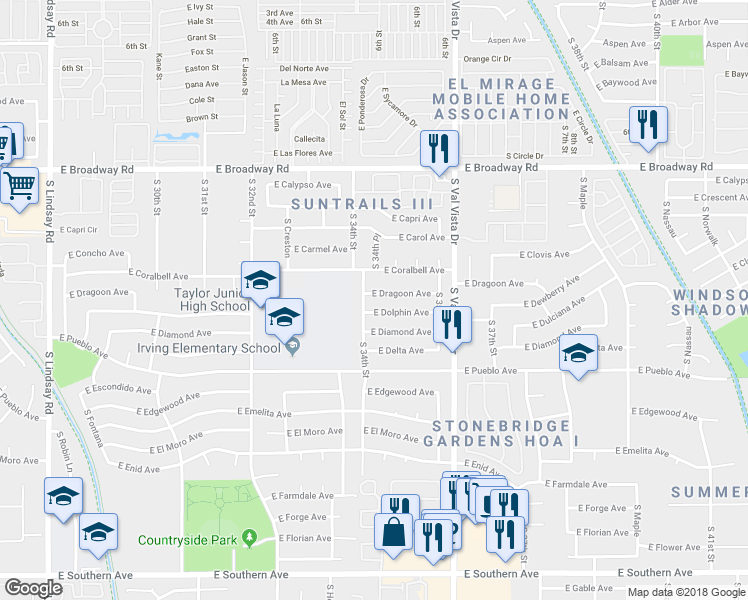 map of restaurants, bars, coffee shops, grocery stores, and more near 3405 East Dragoon Avenue in Mesa