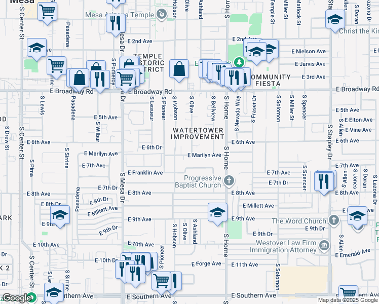 map of restaurants, bars, coffee shops, grocery stores, and more near 634 East Marilyn Avenue in Mesa