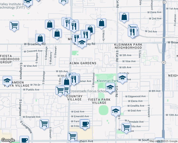 map of restaurants, bars, coffee shops, grocery stores, and more near 601 South Alma School Road in Mesa