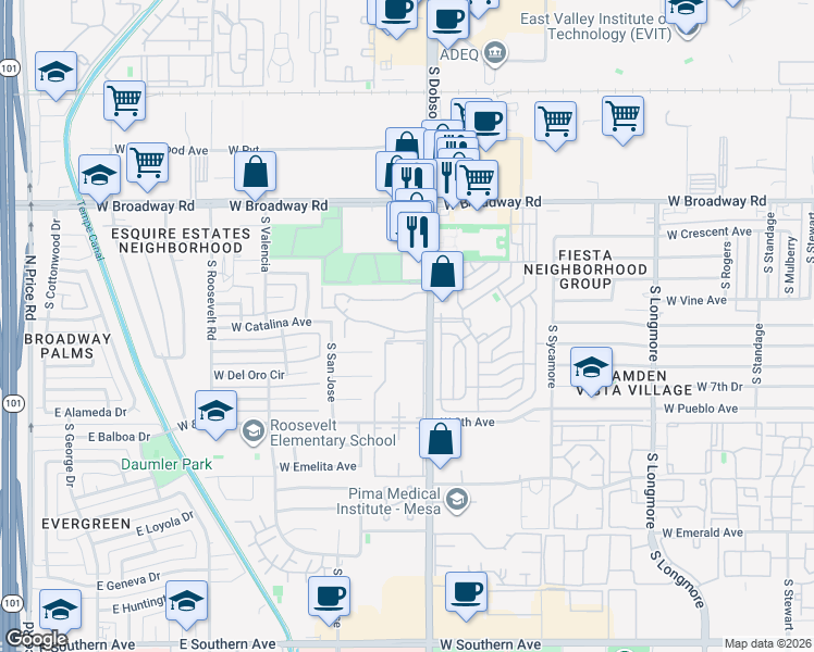 map of restaurants, bars, coffee shops, grocery stores, and more near 600 South Dobson Road in Mesa