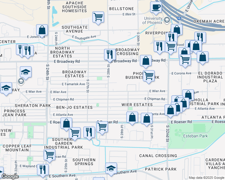 map of restaurants, bars, coffee shops, grocery stores, and more near 2832 East Wier Avenue in Phoenix