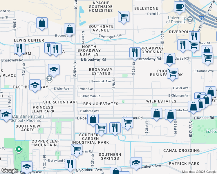 map of restaurants, bars, coffee shops, grocery stores, and more near 2558 East Wier Avenue in Phoenix