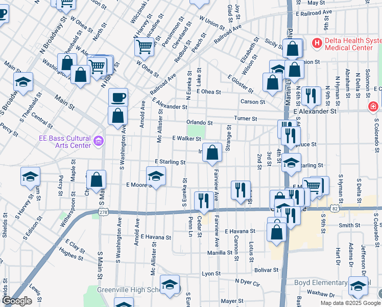 map of restaurants, bars, coffee shops, grocery stores, and more near 409 Inez Street in Greenville