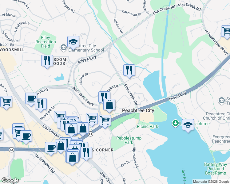 map of restaurants, bars, coffee shops, grocery stores, and more near 106 Arbor Gate in Peachtree City