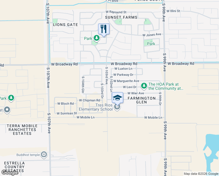 map of restaurants, bars, coffee shops, grocery stores, and more near 10255 West Marguerite Avenue in Tolleson